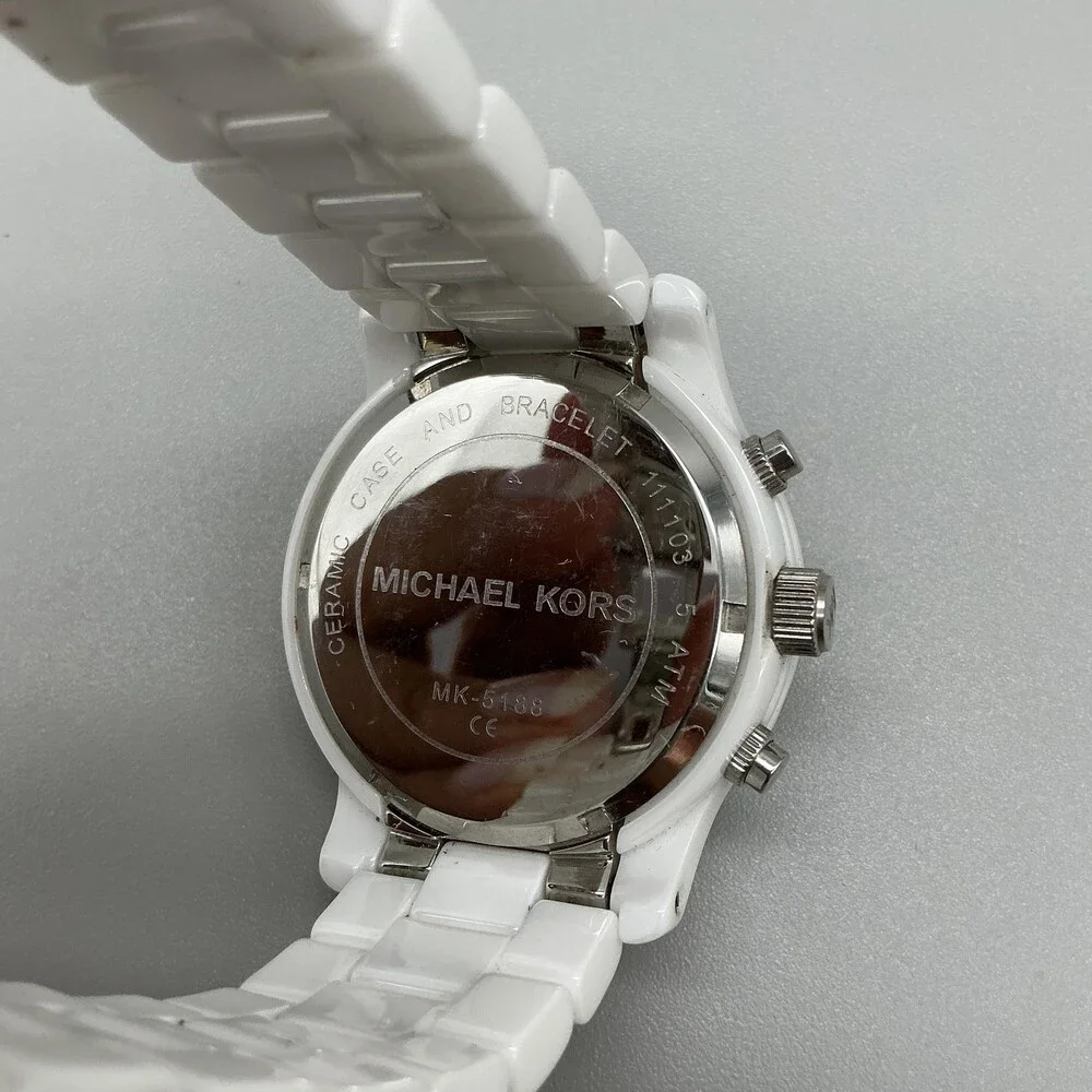 Michael Kors MK-5188 Women Watch 39mm White Ceramic Chronograph New Battery 6